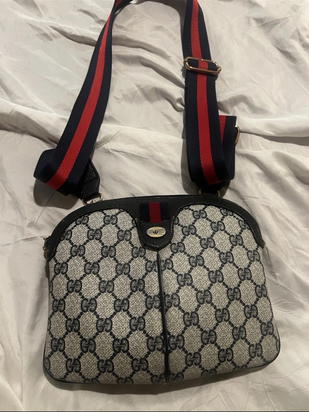 Gucci Beige & Black Monogram Crossbody with Red and Blue Web Strap